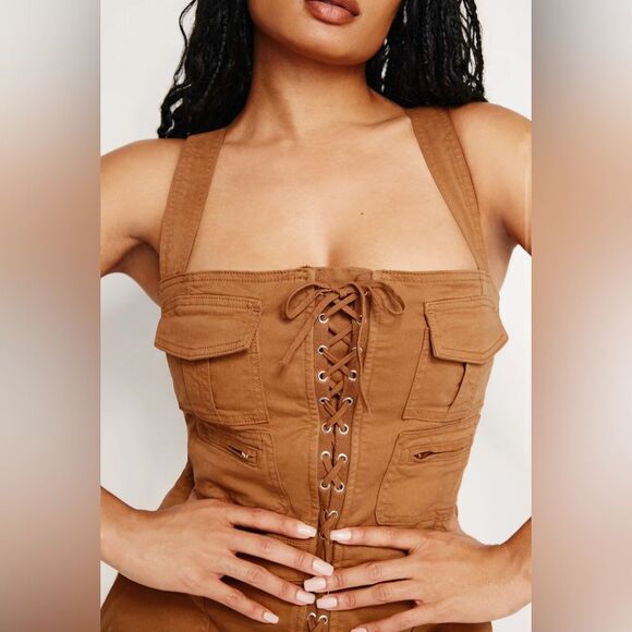 Good American‎ NEW Jumpsuit Womens Medium Brown Lace Up Utility Twill Cargo - Picture 2 of 16